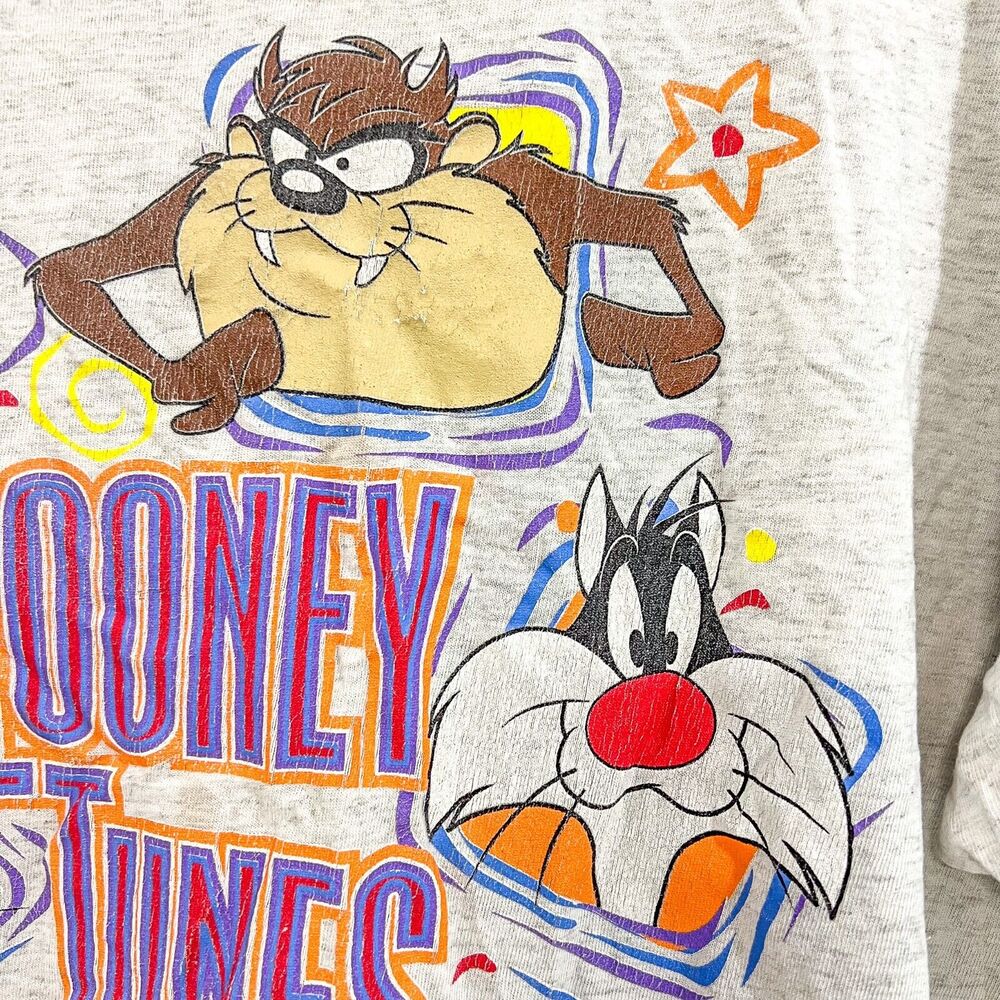 Vintage Looney Tunes T-Shirt Sz M 1994 Bugs Bunny Tweety Sylvester Taz 90s Gray - Picture 4 of 7